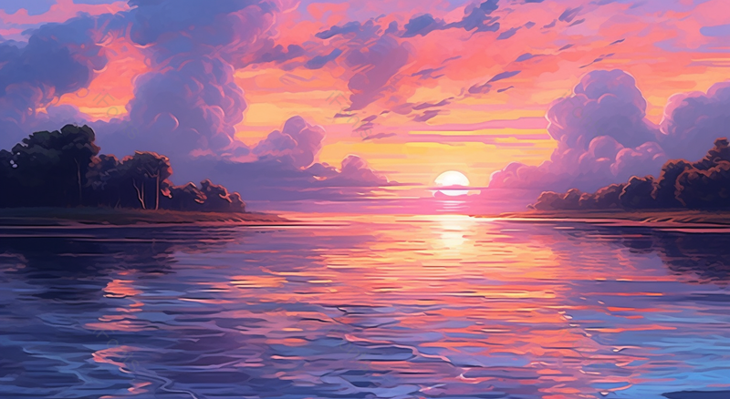 黄昏下的海面波纹岸边森林,插画/手绘图,插画/手绘图库,插画/手绘图下载,插画/手绘